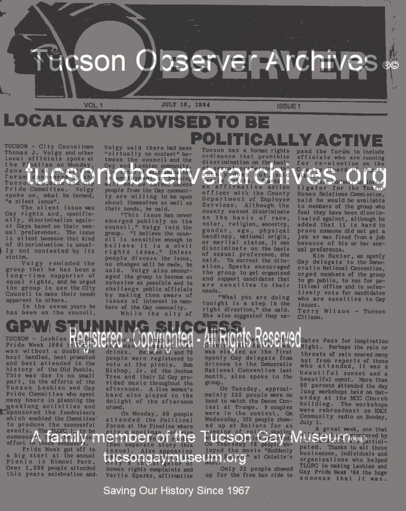 Observer Tucson Gay News Publication First issue 